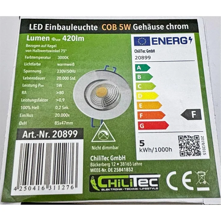 LED-Einbauleuchte "COB-5", 5W, 420lm ALU, 3000K, 75°, Ø85xT47mm, Rahmen chrom – Bild 6