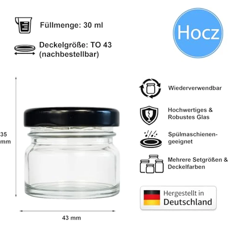 hocz 50x Mini Marmeladengläser 30 ml | mit Deckel Schwarz TO 43 | kleine Einmachgläser mit Schraubdeckel zum befüllen | Schraubgläser, Sturzgläser Set | leere Marmeladen Gläser | 50 Stück – Bild 2