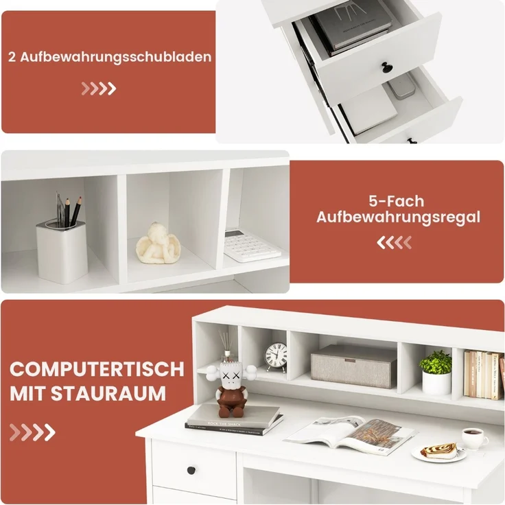 Schreibtisch mit 2 Schubladen und 5 Fächern Computertisch Kinderschreibtisch 120 x 60 x 110 cm Weiß SH189 – Bild 3