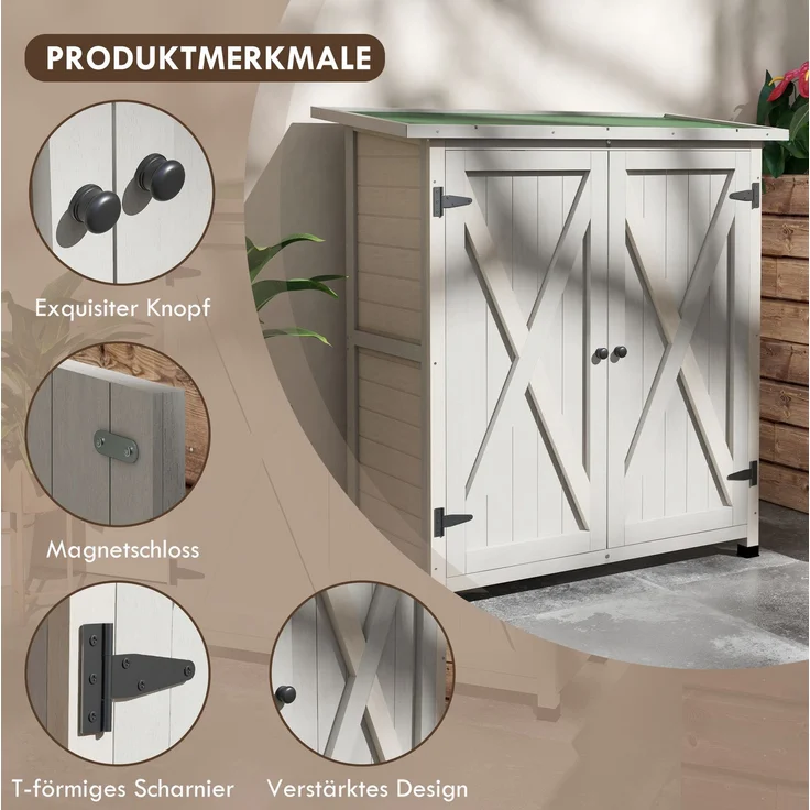 Gartenschrank 110 x 55 x 117 cm aus Holz mit Asphaltdach und zwei Türen, hellgrau – Bild 5