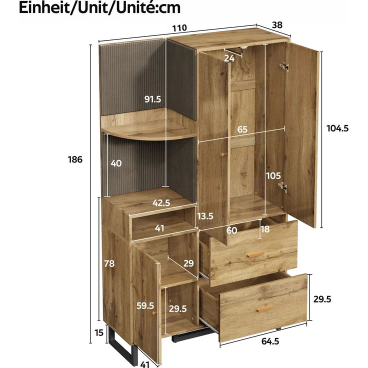 Kompaktgarderobe aus MDF mit Soft-Close & Schubladen, 110x38x186 cm, Natur/Schwarz – Bild 3