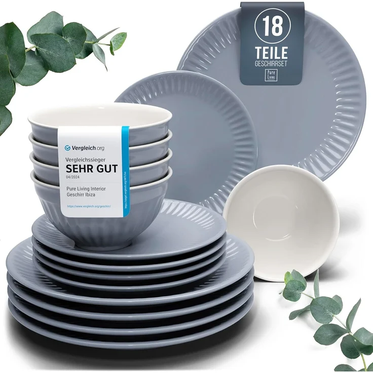 Steingut Geschirrset 6 Personen Hygge 18 tlg. TESTSIEGER, Traumhaftes Skandinavisches Steingut Geschirr Set, Schüssel- und Teller Set, Tafelservice 6 Personen, Geschirrsets Pure Living in Graublau – Bild 1
