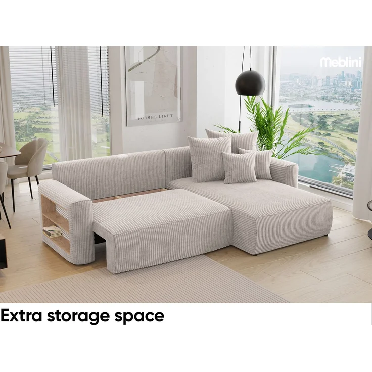 MEBLINI Schlafcouch mit Bettkasten - 260 x 160 x 78 cm - Beige Cordstoff - NAPLES - Kleines Ecksofa mit Schlaffunktion - Sofa mit Relaxfunktion und Kissen - Kleine Couch L-Form - Eckcouch – Bild 4