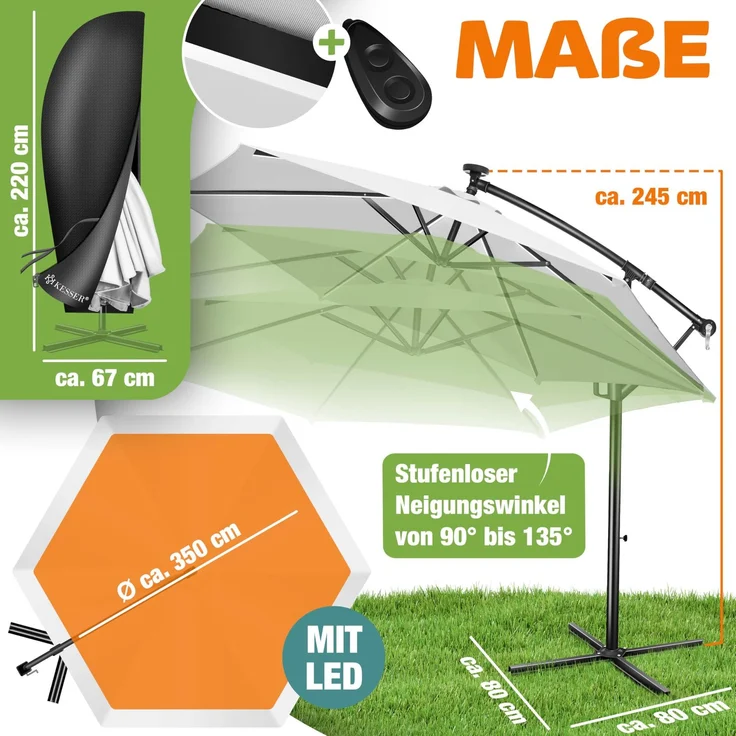 KESSER® Alu Ampelschirm LED Solar + Abdeckung mit Kurbelvorrichtung UV-Schutz Aluminium mit An-/Ausschalter Wasserabweisend - Sonnenschirm Schirm Gartenschirm 300cm, Weiß – Bild 2