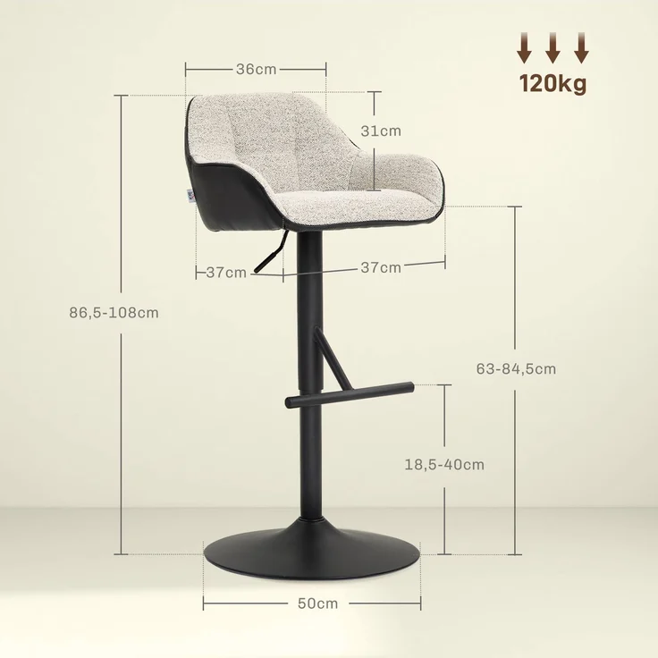 2er-Set Barhocker, höhenverstellbare Barstühle, Stoff in Leinenoptik und Stahlgestell, 52,5 x 53 x 86,5–108 cm, grau – Bild 5