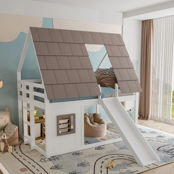 Holzhaus-Etagenbett 140x200 cm mit Dach, Leiter und Rutsche, Haus-Design, Weiß+Braun – Bild 4