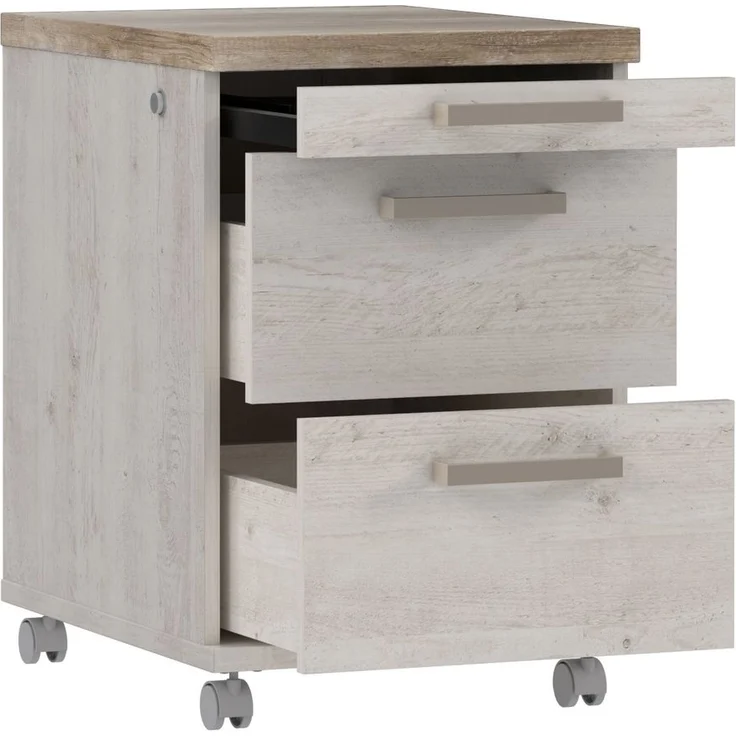 Rollcontainer >DURO< 3 Schübe, Pinie Weiss / Eiche Antik - 42,3x61,4x53cm (BxHxT) – Bild 3