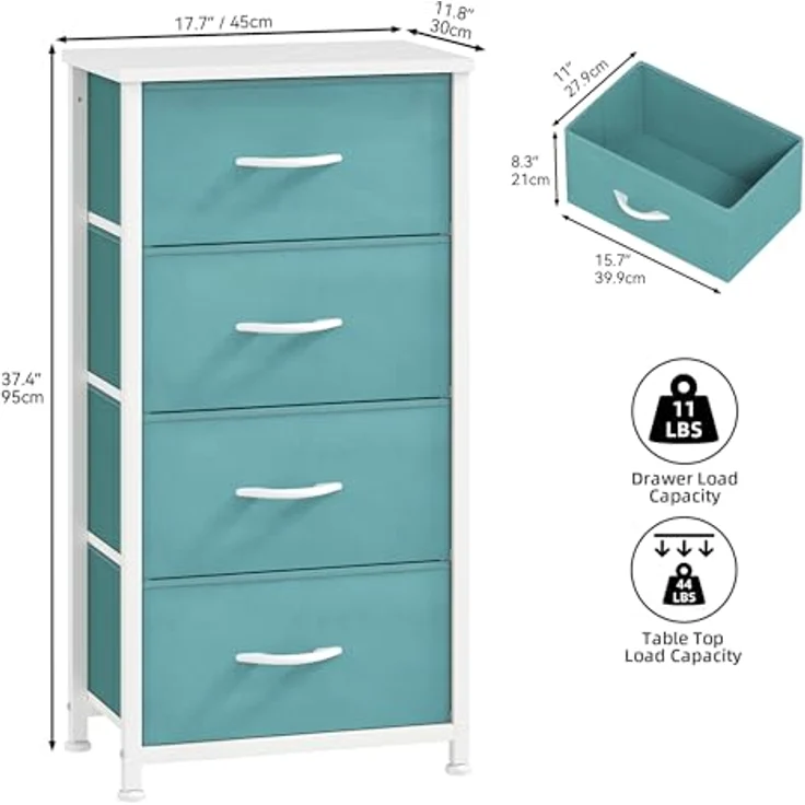 DWVO Kommode mit 4 Schubladen, Schrank aus Stoff mit Griffen, Metallgestell & MDF-Holzplatte, langlebig, für Schlafzimmer & Wohnzimmer,Grün – Bild 3