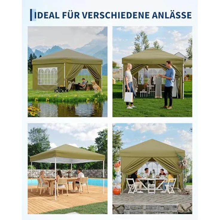 Faltpavillon 3x3 m wasserdicht stabil mit 4 Seitenwänden – Pop up Pavillon faltbar aus 420D Oxford, UV-Schutz 50+, 3-Fach höhenverstellbar, Partyzelt mit Tragetasche für Garten & Outdoor (Khaki) – Bild 4