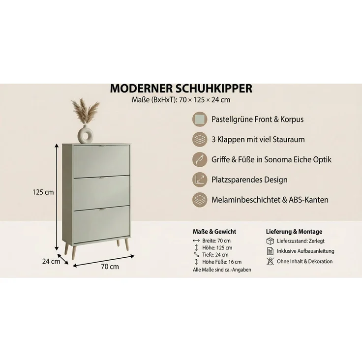 Newroom Schuhschrank Pastellgrün 70 cm Schuhkipper schmal mit 3 Klappen für Flur und Diele – Bild 4