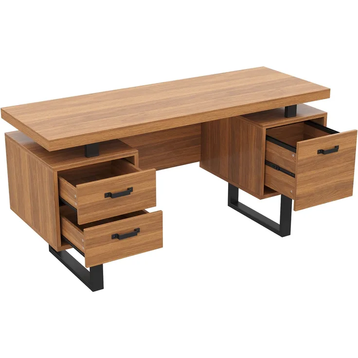 Flieks Schreibtisch 135 x 54 x 76 cm mit 2 Schubladen, Hängeregisterfach und stabilem Stahlgestell, Walnussfarben