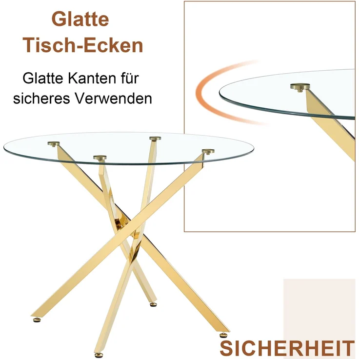 Esstisch 88x75 cm aus gehärtetem Glas und Metallgestell in Gold – Bild 5