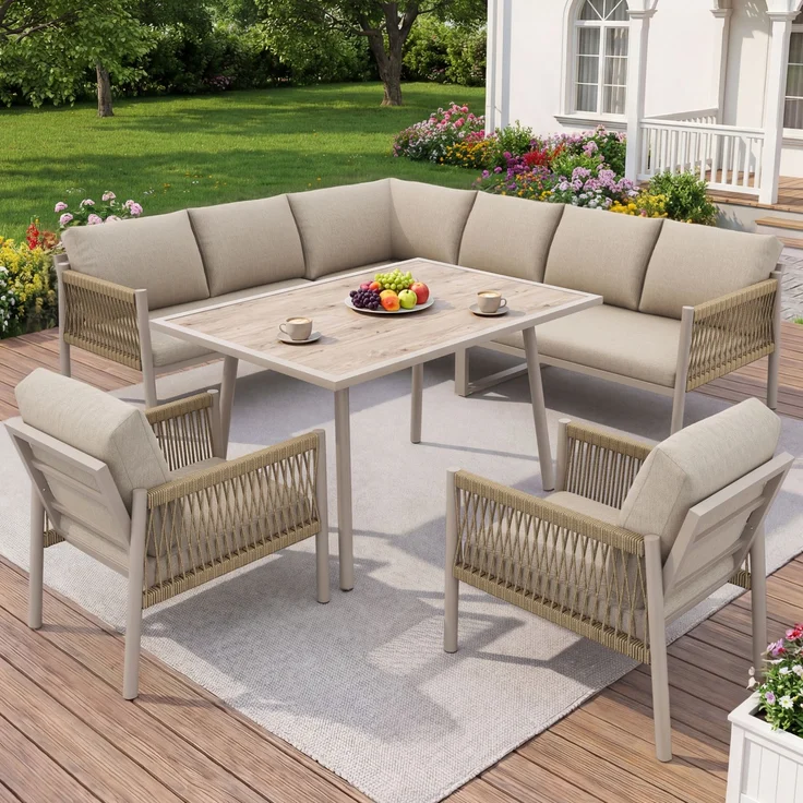 Merax Gartenlounge-Set 6 teilig für 7-8 Personen, Gartenmöbelset mit Kissen, Tisch mit Holzoptik-Glasplatte, Sofagarnitur Terassenmöbelset, Beige – Bild 1