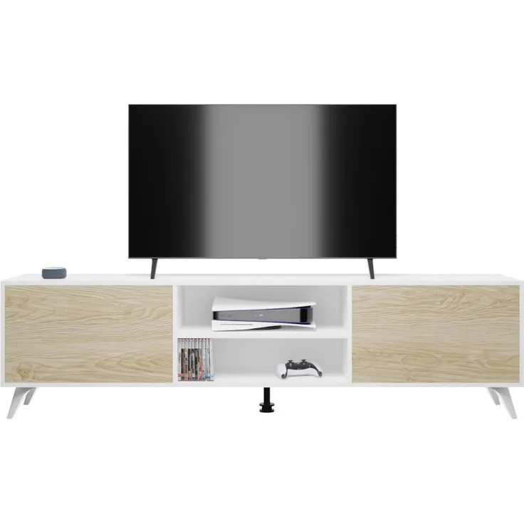 Homey TV-Möbel im nordischen Design, 2 Aufbewahrungsfächer und 2 Türen, geeignet für Fernseher bis zu 77 Zoll, Holz, Weiß-Schwarz, 49 cm (Höhe) x 180 cm (Breite) x 40 cm (Tiefe)