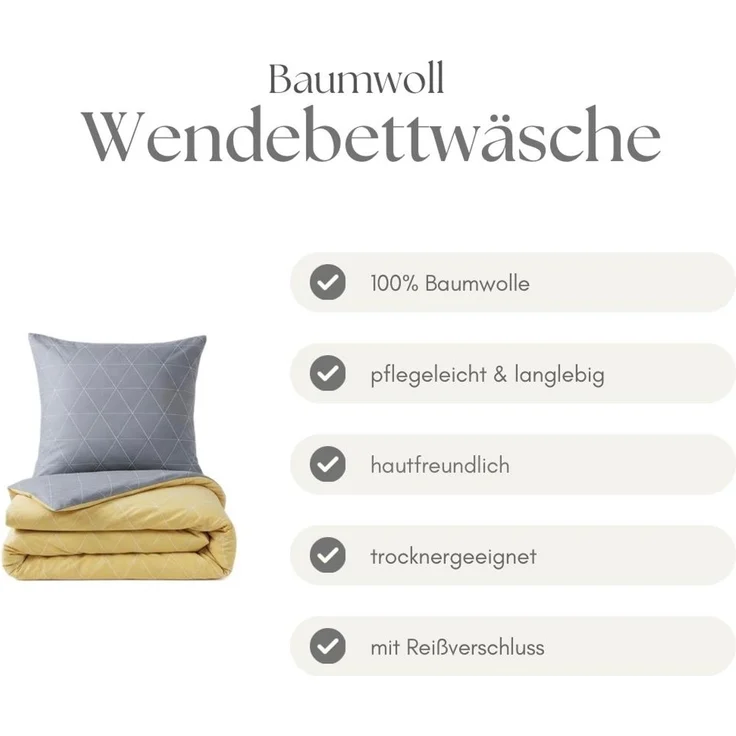 Renforce Bettwäsche mit Reißverschluss - Wendebettwäsche aus 100% Baumwolle, Rautendesign, Gelb 155x220 cm + 80x80 cm – Bild 5