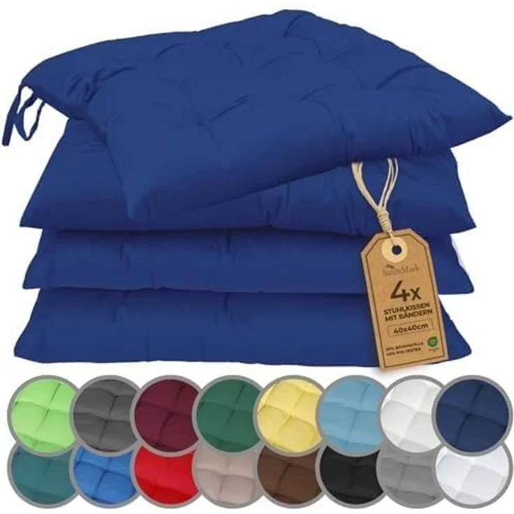 NatureMark 4er Set Stuhlkissen mit Bändern Gr. 40x40 cm Sitzkissen gefüllt, Navy Blau – Bild 1