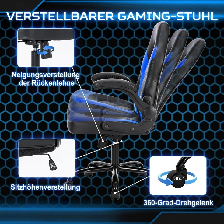 DUMOS Gaming Stuhl - Ergonomischer Gaming Sessel, Verstellbarer Drehbarer Gamingstuhl aus PU-Leder mit klappbaren Armlehnen, Geeignet für Zuhause, Büros usw(Schwarz-Blau) – Bild 5