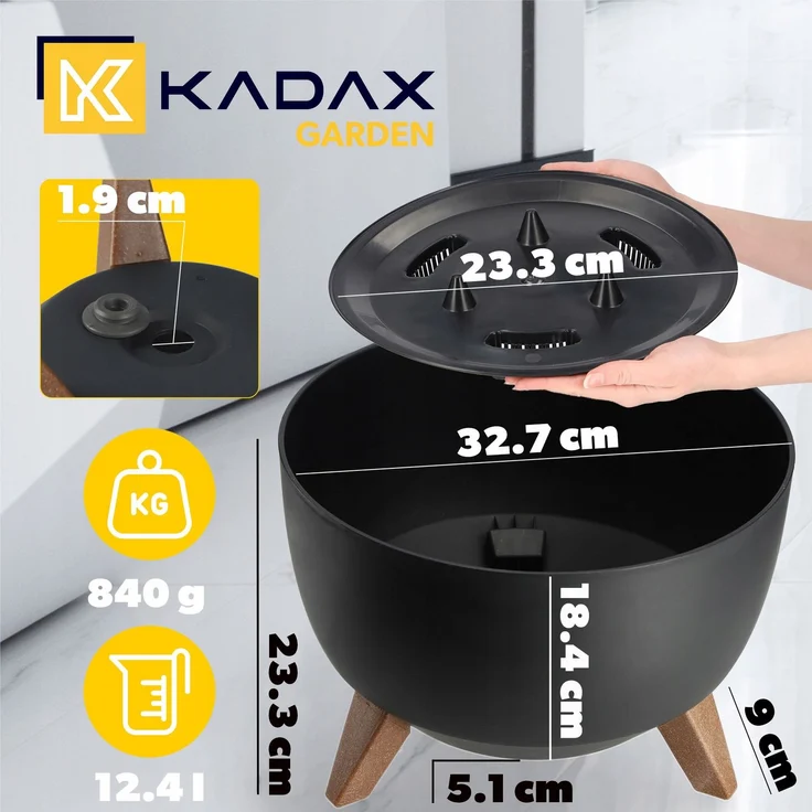 KADAX Blumentopf, Blumentopfabdeckung auf Beinen, Einsatz, Blumenständer, 33 cm, schwarze runde Schüssel – Bild 2