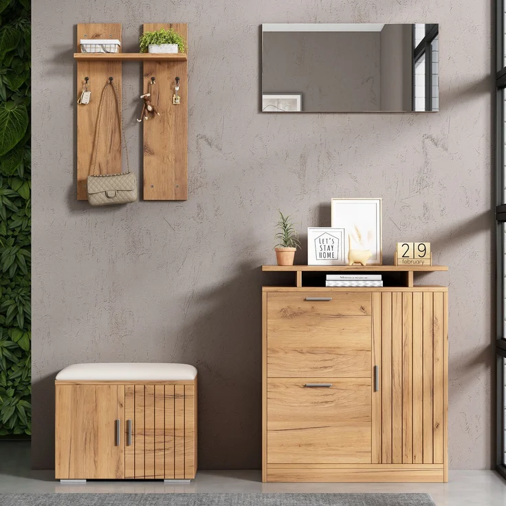 Wohnora-Flur-Garderoben-Set, Wandgarderobe; Garderoben-Set mit Schuhbank und Schuhschrank, 1 Spiegel, 4 Haken, 5 Türen, natural, B140× T35 × H133 cm,H 133cm x T 140cm x B 35cm,Natürlich – Bild 2