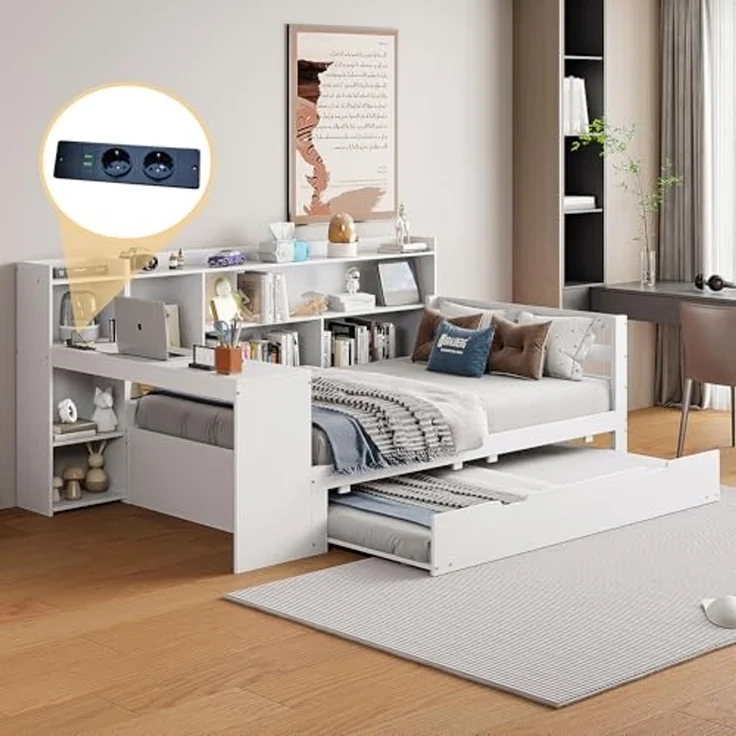 Odikalo Ausziehbett Daybett Schlafsofa Schreibtisch Regal Ablagefach Weiß/Grau 90/140 – Bild 2