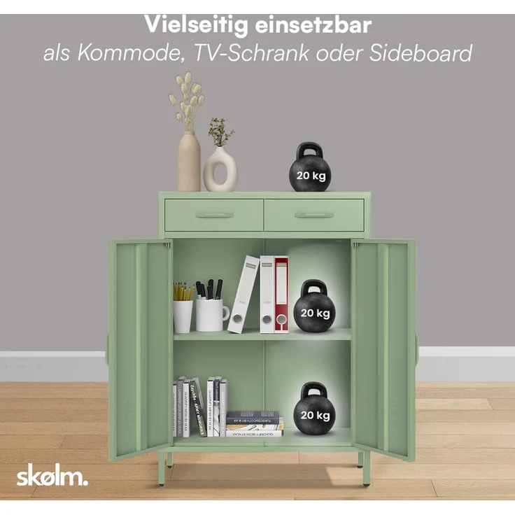 skølm 'Atria' Metallkommode, grün, 110x38x80 cm, mit 2 Schubladen und 2 Fächern – Bild 6