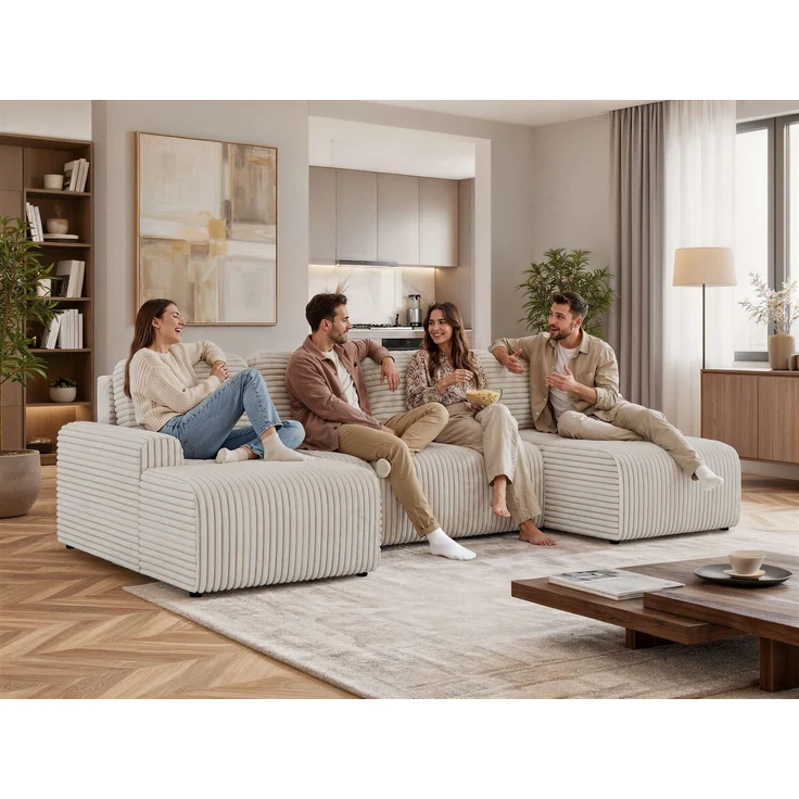 Modernes Familiensofa NESSARO U, Wohnlandschaft U-Form mit Schlaffunktion und Bettkasten, DL-System, lose Kissen, Rückenkissen, Bonellfederkern - Hellbraun Cord – Bild 3