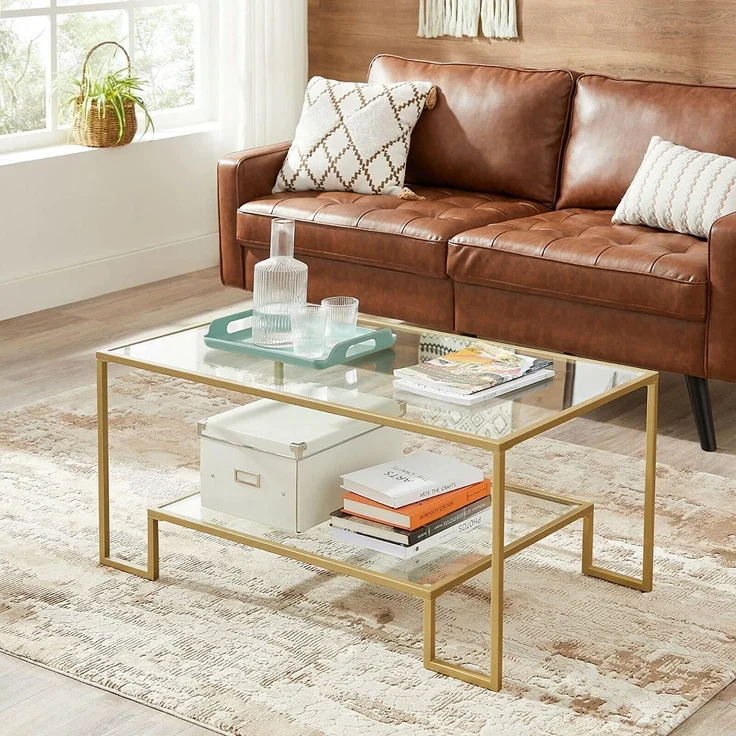 VASAGLE Couchtisch, Glastisch, Wohnzimmertisch, 2 Ablagen aus Hartglas, Stahlgestell, 100 x 55 x 45 cm, Dekoration, für Wohnzimmer, goldfarben – Bild 2