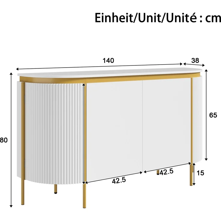 ZUBALIYA Sideboard 140x38x80 cm, mit 4 Türen, aus MDF, Weiß – Bild 4