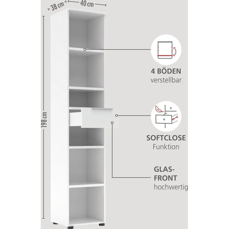 Büroregal SANTORIN Weiß & weißes Glas – schmal 40x198 cm – Bild 3