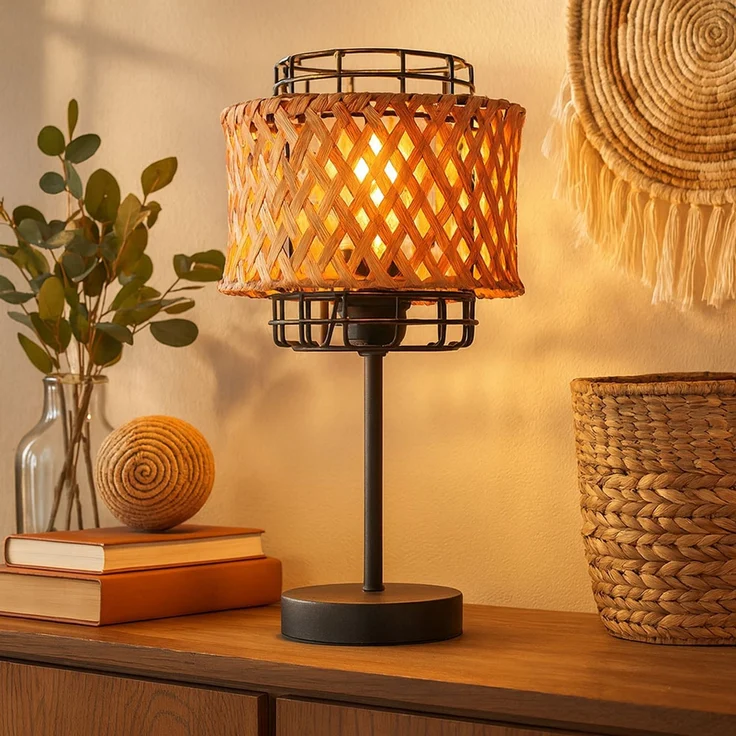 LED Boho Tischleuchte, Käfig, Bambusgeflecht, schwarz, H 32 cm – Bild 4