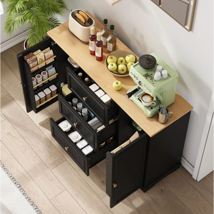 Sideboard 126x40x86 cm in Schwarz mit 3 Schubladen und verstellbaren Einlegeböden – Bild 2