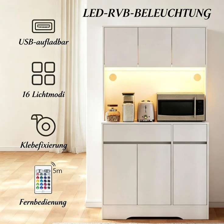 Küchenbuffet 100x38x180 cm mit Arbeitsfläche, Stauraum und RGB-LED-Beleuchtung – weiß – Bild 6