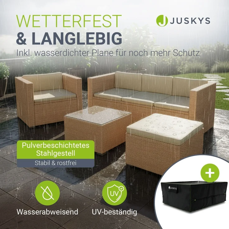 Juskys Polyrattan Lounge Punta Cana L creme inkl. Abdeckung – Gartenlounge für 4-5 Personen – Sitzgruppe mit Sessel, Sofa, Tisch & Hocker - Sitzbezüge sand – Bild 2