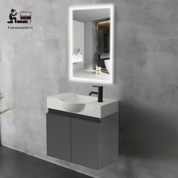 Alpenberger Badmöbel-Set Gäste WC Waschbecken mit Unterschrank 55 cm Breit, (Waschbecken Eckig Oval, Midi Schrank), Waschbeckenunterschrank Anthrazit Matt – Bild 5