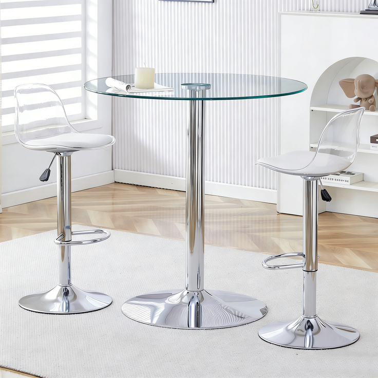 Flexibles Bar-Set: 89 cm Glastisch + 2 Hocker mit silberfarbenen Beinen, höhenverstellbar & drehbar.•Transparente Optik • 360°-Drehung • Vielseitig nutzbarSchafft visuelle Weite und spart Platz.--Silber, Transparent--51x49.5x50cm--YOUDENOVA – Bild 3
