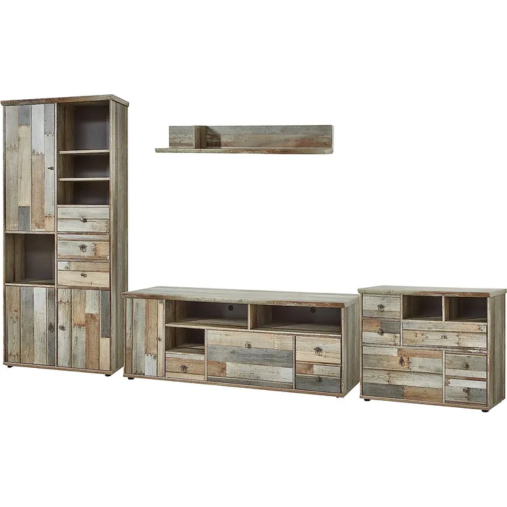 Wohnwand Wohnzimmer-Set 4 tlg. Schrank Kommode Lowboard Wandregal vintage shabby