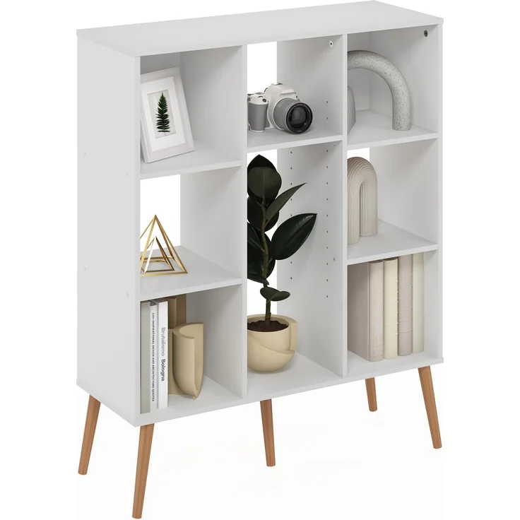 Furinno Claude Mid Century Stil 8-Würfel Bücherregal, Bücherregal, Aufbewahrungsorganisator mit Holzbeinen, Weiß
