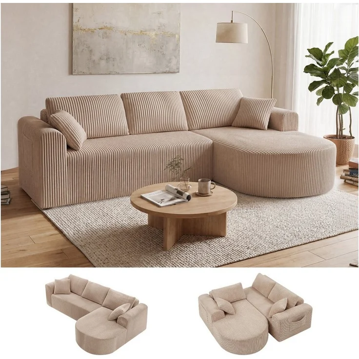 COMHOMA Sofa Ecksofa mit Schlaffunktion, Corduroy Modulares Boneless Couch, mit Chaiselongue, L-Form Schlafsofa, Sektionssofas mit Kissen & Seitentaschen – Bild 1