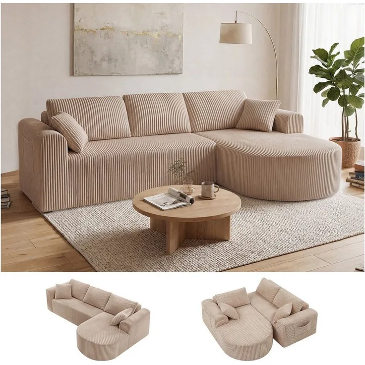 COMHOMA Sofa Ecksofa mit Schlaffunktion, Corduroy Modulares Boneless Couch, mit Chaiselongue, L-Form Schlafsofa, Sektionssofas mit Kissen & Seitentaschen