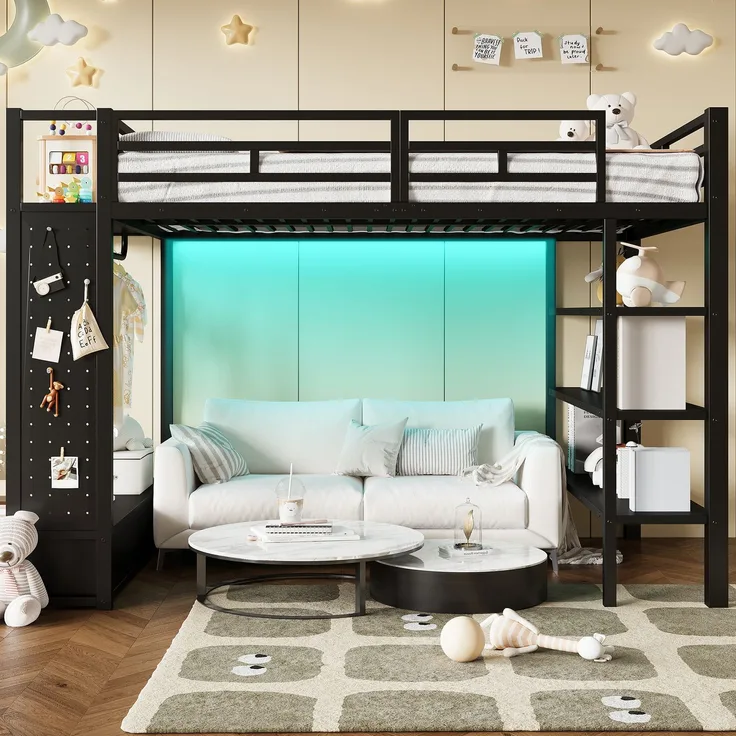 Merax Hochbett, 140x200 cm, Doppelbett, mit offenem Kleiderschrank, mit Ablagefächern, Lochwand und LED-Beleuchtung, schwarz