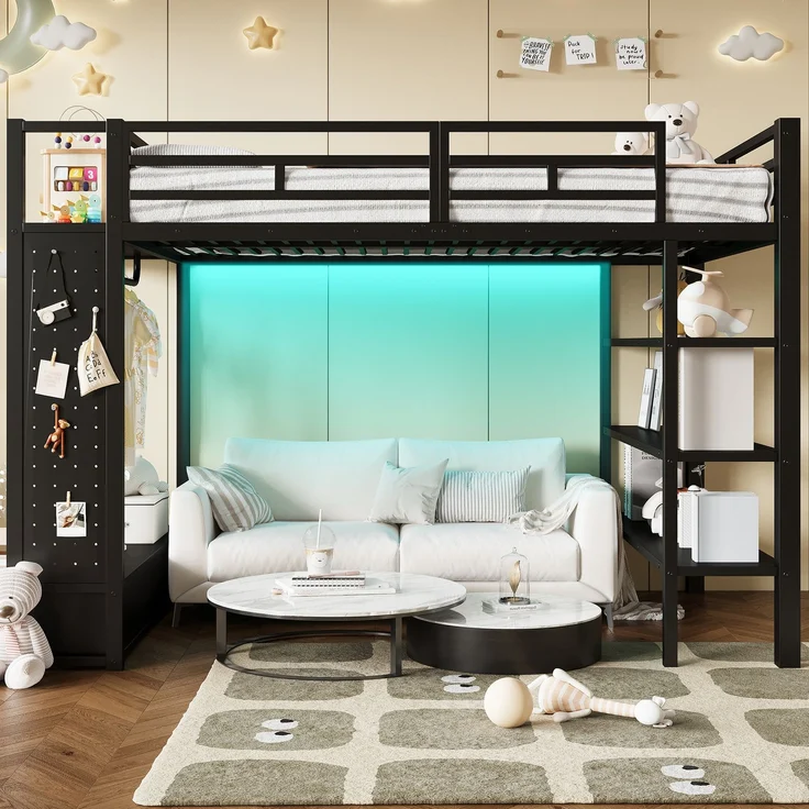 Merax Hochbett, 140x200 cm, Doppelbett, mit offenem Kleiderschrank, mit Ablagefächern, Lochwand und LED-Beleuchtung, schwarz – Bild 1