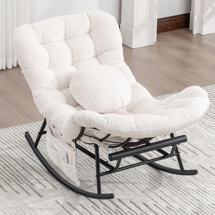 LVHOM Schaukelstuhl mit ausziehbarer Fußstütze, Rattanstuhl mit Stahlrahmen, Schaukelsessel mit gepolstertem Kissen und Seitentasche, Lounge Sessel, 1 St, Beige – Bild 3