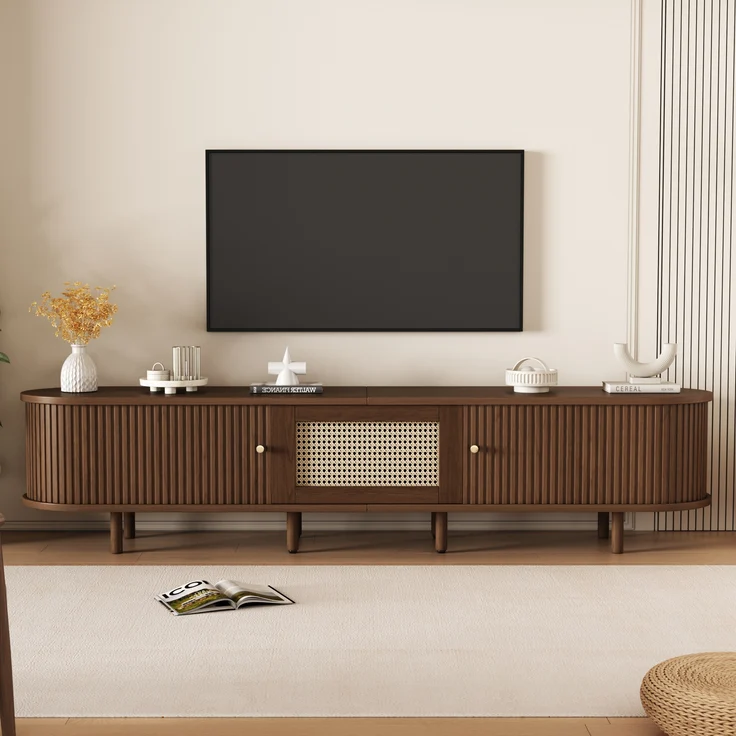 TV-Schrank MDF Rattan-Design mit Schublade & Schiebetüren 180x40x40 cm Nussbaum dunkel – Bild 2