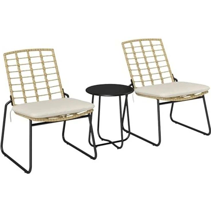 Outsunny Gartenlounge-Set 3-teilig, mit 2 stapelbar Stühle, Tisch, Kissen, wetterfest, (Balkonmöbel Set für 2 Personen, 3-tlg, Rattan Gartenmöbel Set), für Terrasse Balkon, Beige & Braun – Bild 1