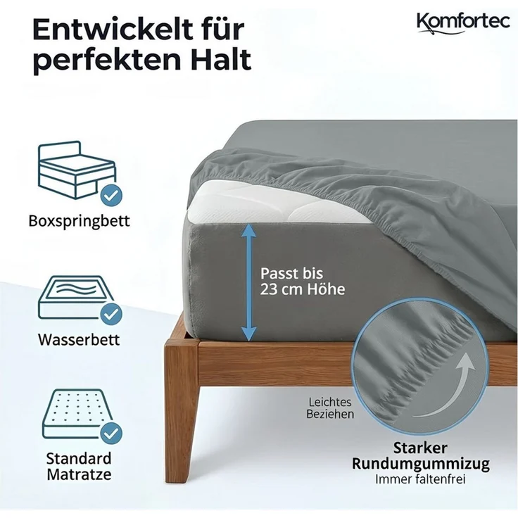 Komfortec Spannbettlaken Jersey Spannbettuch, 90x200, 140x200, 160x200, 180x200 oder 200x200 cm, 100% Baumwolle (135 g/m), Gummizug: Rundum, (1 Stück), OEKO-TEX® Standard 100 Zertifisiert, für Matratzen bis 25 cm Höhe – Bild 2