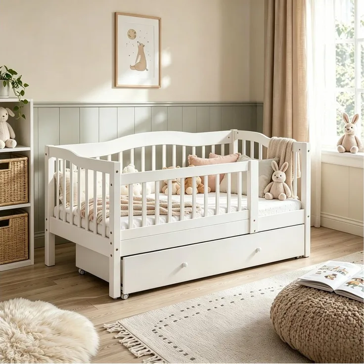 LEADZM Kinderbett mit Schubladen 70x140 / 80x160 / 90x200cm, Hausbett mit Lattenrost, Bodenbett mit Stauraum und Abnehmbarer Barriere, Weiß