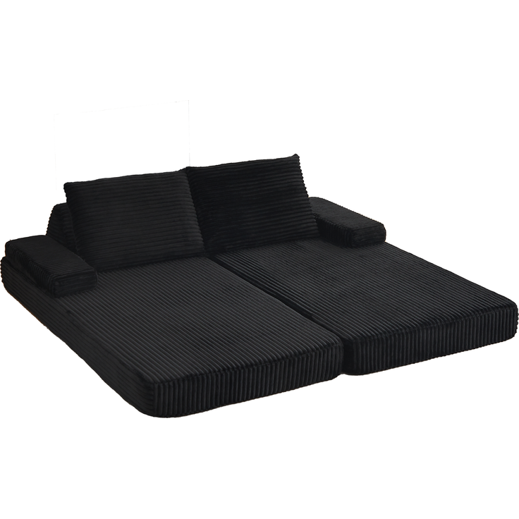 Wohnora-211 cm langes, Modernes Cord-Sofa, Kombination aus Sofa und Bett, Vielfältige Kombinationsmöglichkeiten mit zwei dreieckigen Rückenlehnen, Zwei Kissen und zwei abnehmbaren Armlehnenmodulen,H 62cm x T 2115cm x B 1065cm,Schwarz