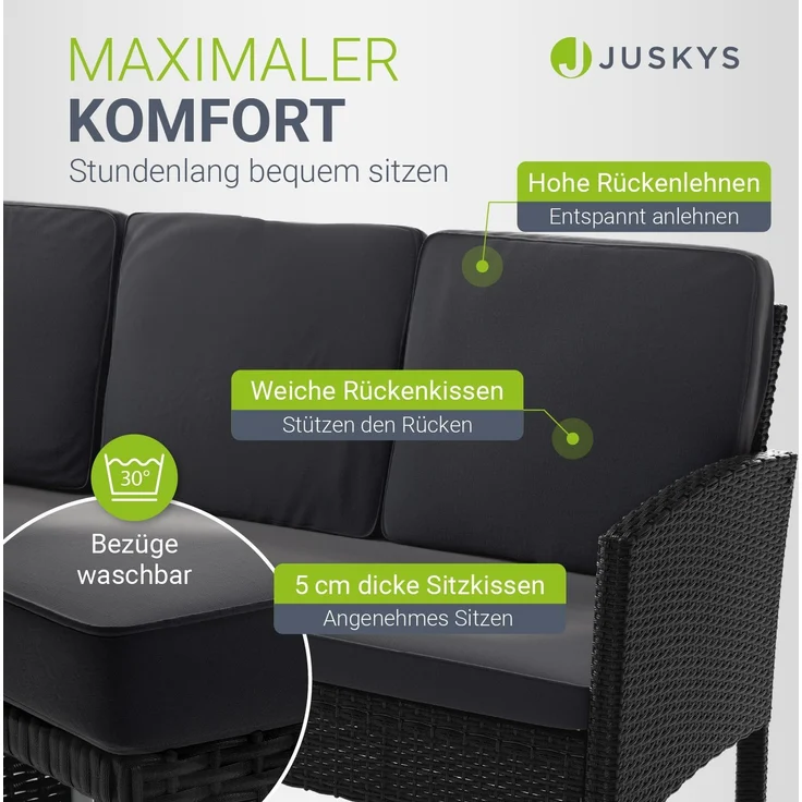 Juskys Polyrattan Gartenmöbel Sitzgruppe Turin Set 6 teilig inkl. Abdeckung - 7 Personen - Outdoor Möbel mit Sessel, Hocker, Tisch & Kissen - Garten Loungemöbel Schwarz – Bild 3