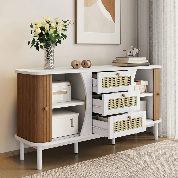 Abrihome Sideboard mit Schiebetüren, verstellbaren Böden und gewölbter Platte, Weiß, 76x40x140 cm – Bild 4