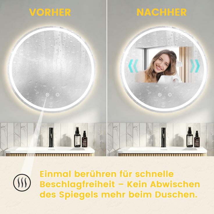 Runder Badspiegel, H 3 x T 60 x B 80 cm, aus Silber-Spiegelglas mit dimmbarer Beleuchtung – Bild 4